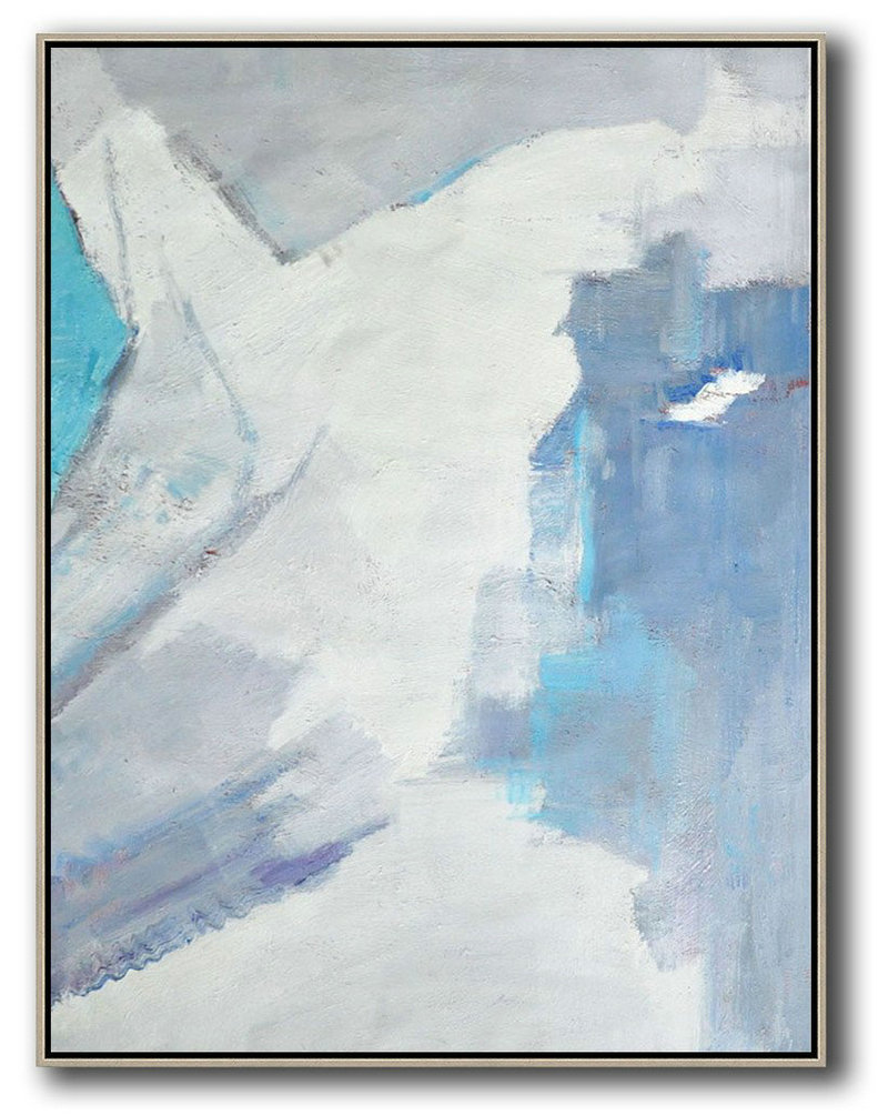 Hand Painted Abstract Art,Vertical Palette Knife Contemporary Art,Hand Painted Original Art,White,Grey,Sky Blue.etc